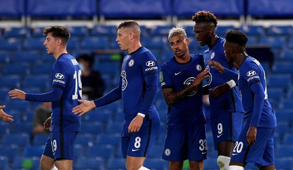LONDON, ENGLAND - SEPTEMBER 23: Tammy Abraham of Chelsea celebrates with teammates after scoring his sides first goal  during the Carabao Cup third round match between Chelsea and Barnsley at Stamford Bridge on September 23, 2020 in London, England. Football Stadiums around United Kingdom remain empty due to the Coronavirus Pandemic as Government social distancing laws prohibit fans inside venues resulting in fixtures being played behind closed doors. (Photo by Neil Hall - Pool/Getty Images)