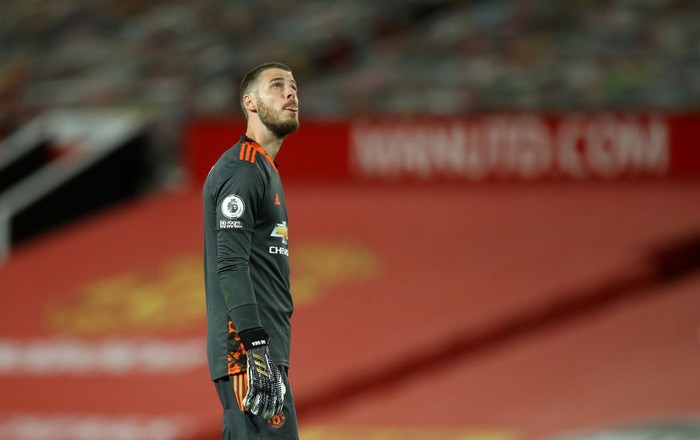 MANCHESTER, ENGLAND - SEPTEMBER 19: David De Gea of Manchester United reacts following the Premier League match between Manchester United and Crystal Palace at Old Trafford on September 19, 2020 in Manchester, England. (Photo by Martin Rickett - Pool/Getty Images)
