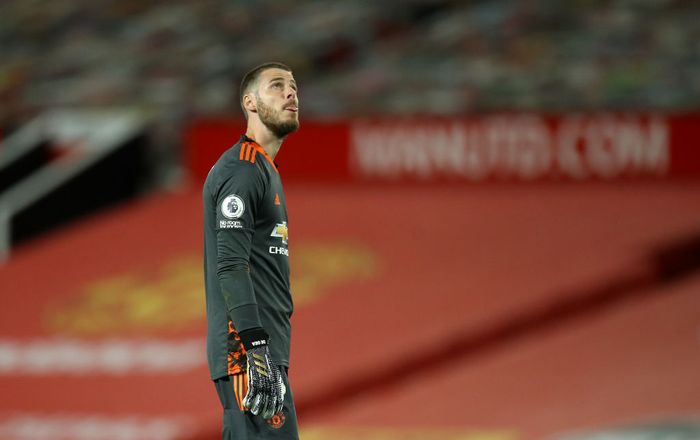 David De Gea MANCHESTER, ENGLAND - SEPTEMBER 19: David De Gea of Manchester United reacts following the Premier League match between Manchester United and Crystal Palace at Old Trafford on September 19, 2020 in Manchester, England. (Photo by Martin Rickett - Pool/Getty Images)