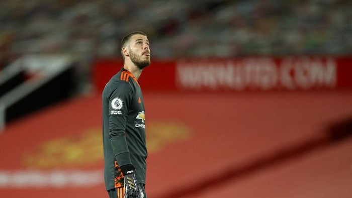 MANCHESTER, ENGLAND - SEPTEMBER 19: David De Gea of Manchester United reacts following the Premier League match between Manchester United and Crystal Palace at Old Trafford on September 19, 2020 in Manchester, England. (Photo by Martin Rickett - Pool/Getty Images)
