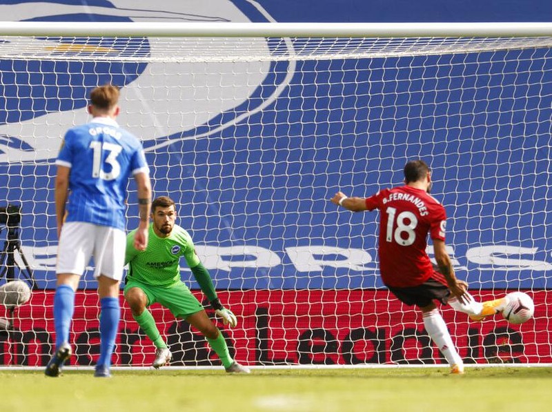 Manchester United's Bruno Fernandes, right shoots and scores his sides third goal from the penalty spot during the English Premier League soccer match between Brighton Hove Albion and Manchester United in Brighton, England, Saturday, Sept. 26, 2020. (John Sibley/Pool via AP)