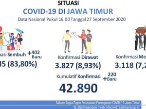 Kasus Baru COVID-19 di Jatim Tambah 220, Sembuh 402