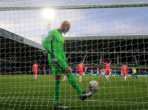 WEST BROMWICH, ENGLAND - SEPTEMBER 26: Willy Caballero of Chelsea looks dejected during the Premier League match between West Bromwich Albion and Chelsea at The Hawthorns on September 26, 2020 in West Bromwich, England. Sporting stadiums around the UK remain under strict restrictions due to the Coronavirus Pandemic as Government social distancing laws prohibit fans inside venues resulting in games being played behind closed doors. (Photo by Nick Potts - Pool/Getty Images)