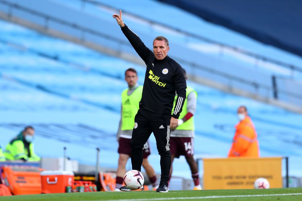 MANCHESTER, ENGLAND - SEPTEMBER 27: Brendan Rodgers, Manager of Leicester City reacts during the Premier League match between Manchester City and Leicester City at Etihad Stadium on September 27, 2020 in Manchester, England. Sporting stadiums around the UK remain under strict restrictions due to the Coronavirus Pandemic as Government social distancing laws prohibit fans inside venues resulting in games being played behind closed doors. (Photo by Catherine Ivill/Getty Images)