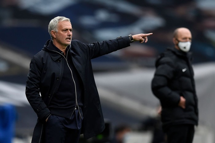 LONDON, ENGLAND - SEPTEMBER 27: Jose Mourinho, Manager of Tottenham Hotspur reacts during the Premier League match between Tottenham Hotspur and Newcastle United at Tottenham Hotspur Stadium on September 27, 2020 in London, England. Sporting stadiums around the UK remain under strict restrictions due to the Coronavirus Pandemic as Government social distancing laws prohibit fans inside venues resulting in games being played behind closed doors. (Photo by Daniel Leal-Olivas - Pool/Getty Images)
