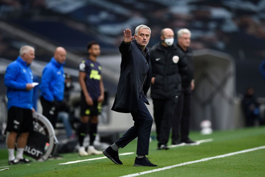 LONDON, ENGLAND - SEPTEMBER 27: Jose Mourinho, Manager of Tottenham Hotspur reacts during the Premier League match between Tottenham Hotspur and Newcastle United at Tottenham Hotspur Stadium on September 27, 2020 in London, England. Sporting stadiums around the UK remain under strict restrictions due to the Coronavirus Pandemic as Government social distancing laws prohibit fans inside venues resulting in games being played behind closed doors. (Photo by Daniel Leal-Olivas - Pool/Getty Images)