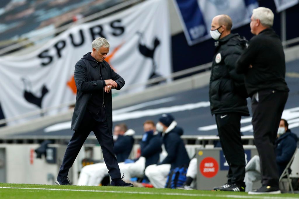 LONDON, ENGLAND - SEPTEMBER 27: Jose Mourinho, Manager of Tottenham Hotspur reacts during the Premier League match between Tottenham Hotspur and Newcastle United at Tottenham Hotspur Stadium on September 27, 2020 in London, England.  Sports stadiums across the UK remain under strict restrictions due to the coronavirus pandemic, as the government's social distancing laws prohibit fans inside venues, causing games to be played behind closed doors.  (Photo by Daniel Leal-Olivas - Pool / Getty Images)