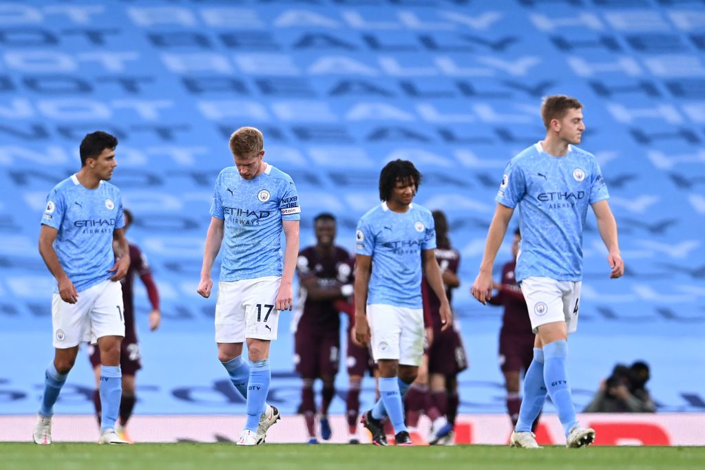 MANCHESTER, ENGLAND - SEPTEMBER 27: Rodrigo of Manchester City looks dejected during the Premier League match between Manchester City and Leicester City at Etihad Stadium on September 27, 2020 in Manchester, England. Sporting stadiums around the UK remain under strict restrictions due to the Coronavirus Pandemic as Government social distancing laws prohibit fans inside venues resulting in games being played behind closed doors. (Photo by Catherine Ivill/Getty Images)