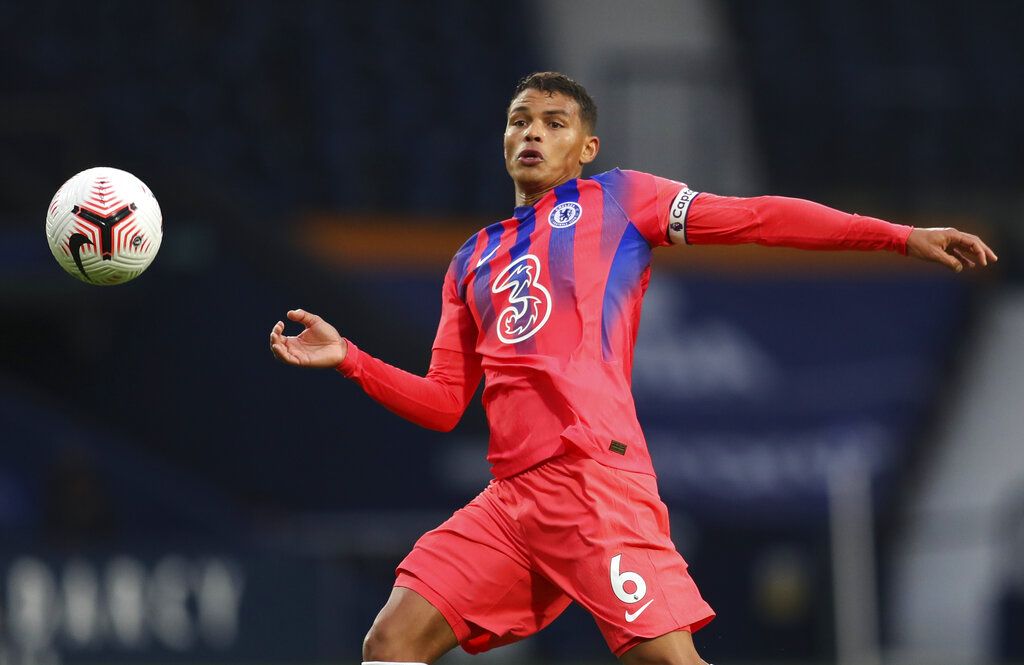 Chelsea's Thiago Silva controls the ball during the English Premier League soccer match between West Bromwich Albion and Chelsea at the Hawthorns in West Bromwich, England, Sunday, Sept. 26, 2020. (Catherine Ivill/Pool via AP)