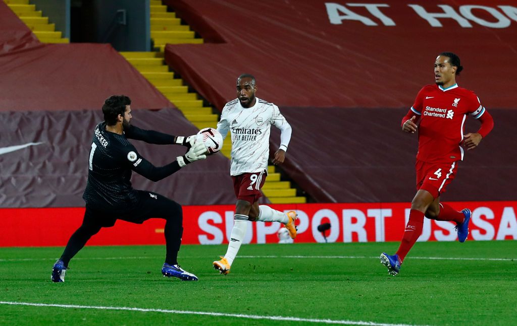 LIVERPOOL, ENGLAND - SEPTEMBER 28: Alexandre Lacazette of Arsenal looks dejected during the Premier League match between Liverpool and Arsenal at Anfield on September 28, 2020 in Liverpool, England. Sporting stadiums around the UK remain under strict restrictions due to the Coronavirus Pandemic as Government social distancing laws prohibit fans inside venues resulting in games being played behind closed doors. (Photo by Laurence Griffiths/Getty Images)