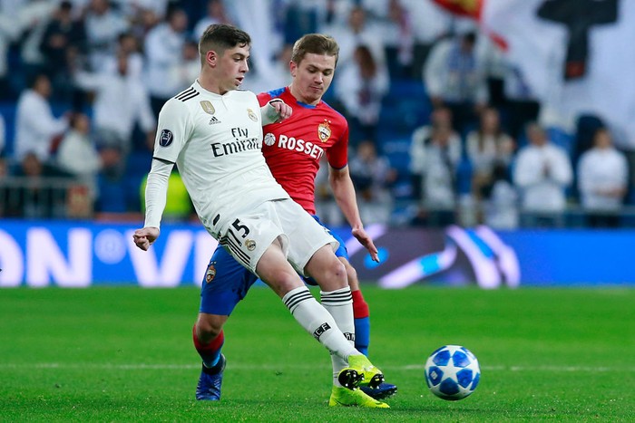 Fede Valverde MADRID, SPAIN - DECEMBER 12: Federico Valverde of Real Madrid is closed down by Ivan Oblyakov of CSKA during the UEFA Champions League Group G match between Real Madrid and CSKA Moscow at Bernabeu on December 12, 2018 in Madrid, Spain. (Photo by Gonzalo Arroyo Moreno/Getty Images)