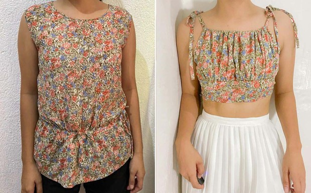 Floral Blouse to Ruched Cropped Top/preview.ph Floral blouse yang sedikit membosankan ini bisa diubah menjadi ruched cropped top yang sangat keren!