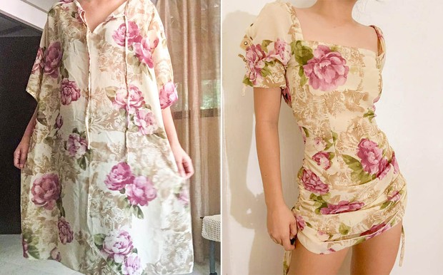 Floral Muumuu Dress to Puff Sleeve Mini Dress with a Ruched Skirt/preview.ph Lihat deh bagaimana bisa muumuu dress ditransformasi menjadi puff seleeve mini dress yang sangat keren!