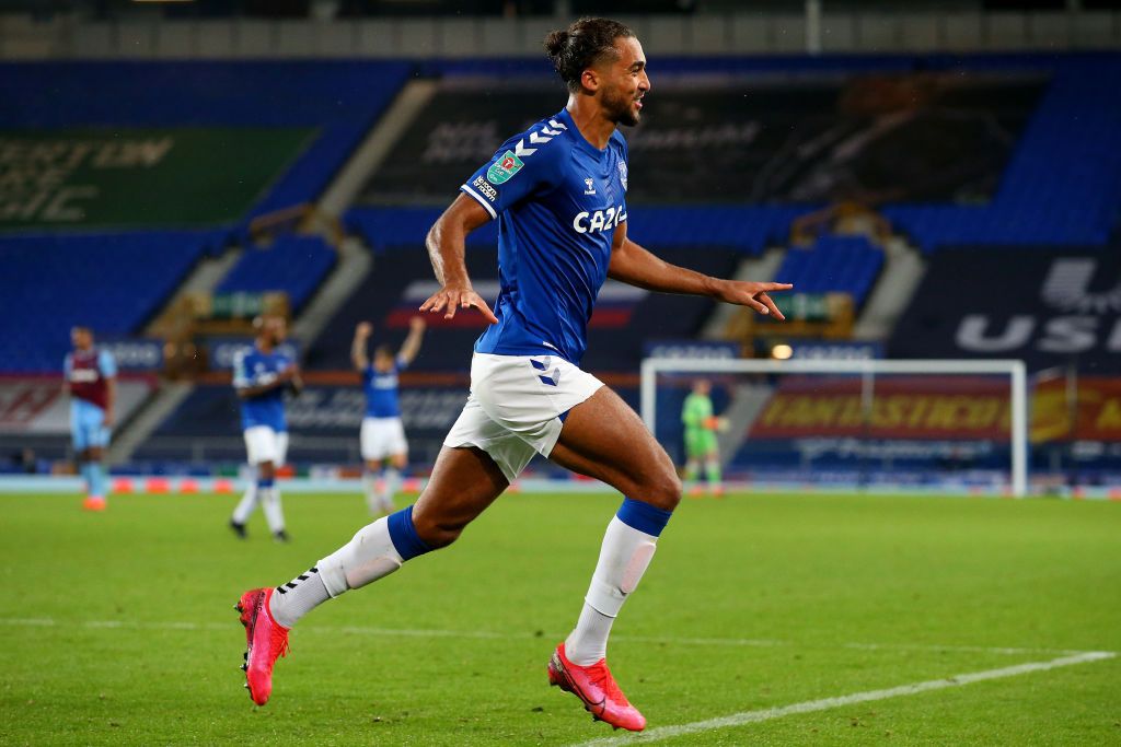 LIVERPOOL, ENGLAND - SEPTEMBER 30: Dominic Calvert-Lewin of Everton celebrates after scoring his sides fourth goal during the Carabao Cup fourth round match between Everton and West Ham United at Goodison Park on September 30, 2020 in Liverpool, England. Football Stadiums around United Kingdom remain empty due to the Coronavirus Pandemic as Government social distancing laws prohibit fans inside venues resulting in fixtures being played behind closed doors. (Photo by Alex Livesey/Getty Images)