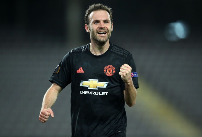 Juan Mata LINZ, AUSTRIA - MARCH 12: (FREE FOR EDITORIAL USE) In this handout image provided by UEFA, Juan Mata of Manchester United celebrates after scoring his team's third goal during the UEFA Europa League round of 16 first leg match between LASK and Manchester United at Linzer Stadion on March 12, 2020 in Linz, Austria. The match is played behind closed doors as a precaution against the spread of COVID-19 (Coronavirus). (Photo by UEFA - Handout/UEFA via Getty Images )