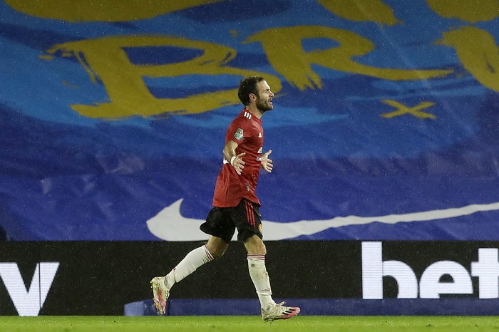 BRIGHTON, ENGLAND - SEPTEMBER 30: Juan Mata of Manchester United celebrates after scoring his sides second goal during the Carabao Cup fourth round match between Brighton and Hove Albion and Manchester United at Amex Stadium on September 30, 2020 in Brighton, England. Football Stadiums around United Kingdom remain empty due to the Coronavirus Pandemic as Government social distancing laws prohibit fans inside venues resulting in fixtures being played behind closed doors. (Photo by Matt Dunham - Pool/Getty Images)