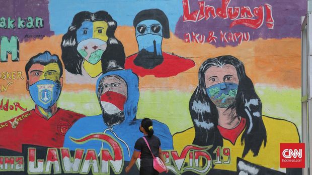 Penakan Kali melintasi mural waspada virus Corona Di kawasan Cawang, Jakarta, Kamis,  1 Oktober 2020. CNNIndonesia/Safir Makki