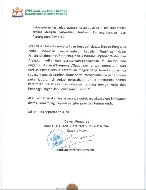 Surat Edaran Kadin Terkait Mogok Kerja Nasional