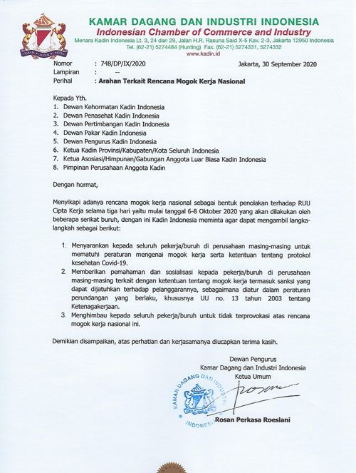 Surat Edaran Kadin Terkait Mogok Kerja Nasional