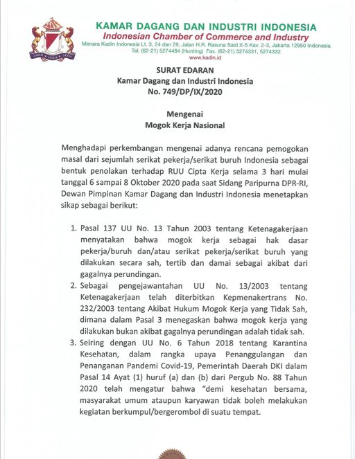 Surat Edaran Kadin Terkait Mogok Kerja Nasional