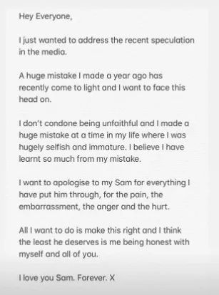 Pengakuan perselingkuhan lewat surat terbuka.
