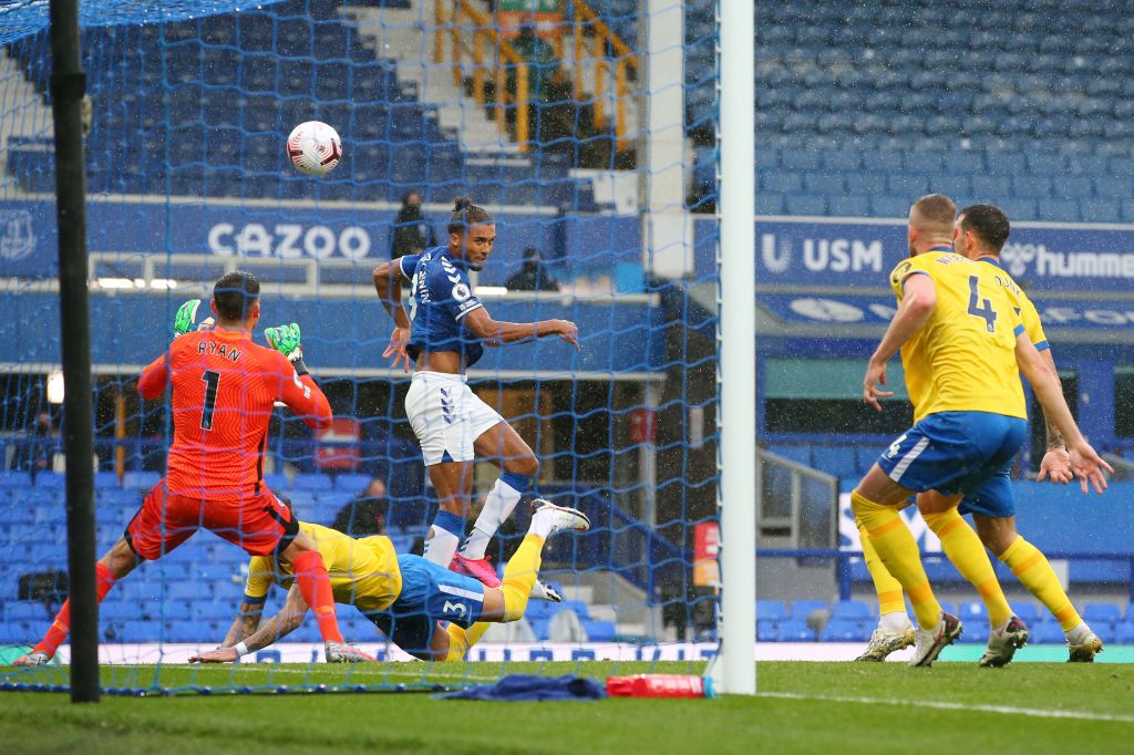 LIVERPOOL, ENGLAND - OCTOBER 03: Dominic Calvert-Lewin of Everton looks on during the Premier League match between Everton and Brighton & Hove Albion at Goodison Park on October 03, 2020 in Liverpool, England. Sporting stadiums around the UK remain under strict restrictions due to the Coronavirus Pandemic as Government social distancing laws prohibit fans inside venues resulting in games being played behind closed doors. (Photo by Jan Kruger/Getty Images)