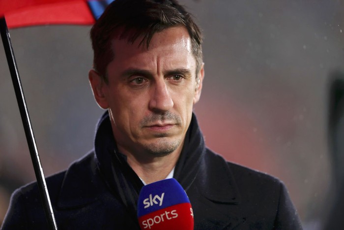 Gary Neville SOUTHAMPTON, ENGLAND - OCTOBER 25: Gary Neville, TV Presenter is seen during the Premier League match between Southampton FC and Leicester City at St Marys Stadium on October 25, 2019 in Southampton, United Kingdom. (Photo by Naomi Baker/Getty Images)