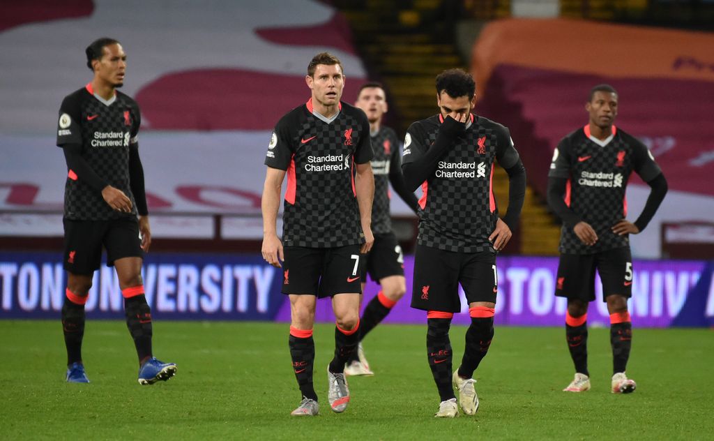 BIRMINGHAM, ENGLAND - OCTOBER 04: Mohamed Salah of Liverpool reacts during the Premier League match between Aston Villa and Liverpool at Villa Park on October 04, 2020 in Birmingham, England. Sporting stadiums around the UK remain under strict restrictions due to the Coronavirus Pandemic as Government social distancing laws prohibit fans inside venues resulting in games being played behind closed doors. (Photo by Rui Vieira - Pool/Getty Images)