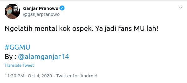 Gubernur Jawa Tengah, Ganjar Pranowo, mengomentari kekalahan telak MU.