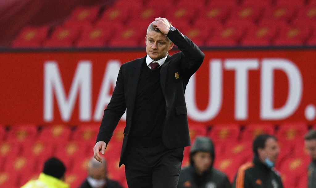 MANCHESTER, ENGLAND - OCTOBER 04: Ole Gunnar Solskjaer, Manager of Manchester United reacts looks dejected following the Premier League match between Manchester United and Tottenham Hotspur at Old Trafford on October 04, 2020 in Manchester, England. Sporting stadiums around the UK remain under strict restrictions due to the Coronavirus Pandemic as Government social distancing laws prohibit fans inside venues resulting in games being played behind closed doors. (Photo by Oli Scarff - Pool/Getty Images)