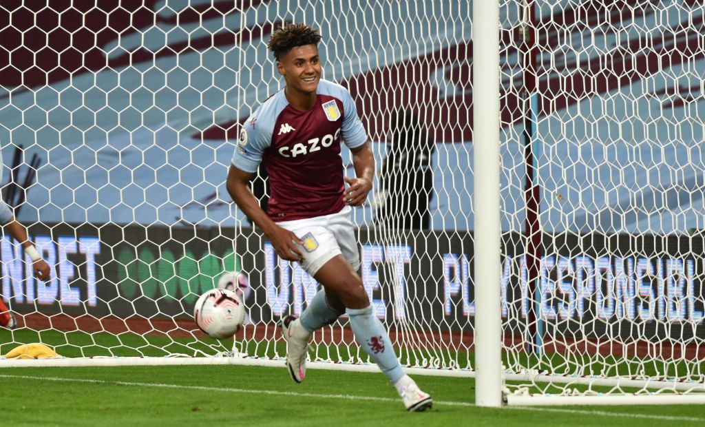 BIRMINGHAM, ENGLAND - OCTOBER 04: Ollie Watkins of Aston Villa  celebrates after he scores his team's fourth goal and his hat-rick  during the Premier League match between Aston Villa and Liverpool at Villa Park on October 04, 2020 in Birmingham, England. Sporting stadiums around the UK remain under strict restrictions due to the Coronavirus Pandemic as Government social distancing laws prohibit fans inside venues resulting in games being played behind closed doors. (Photo by Rui Vieira - Pool/Getty Images)