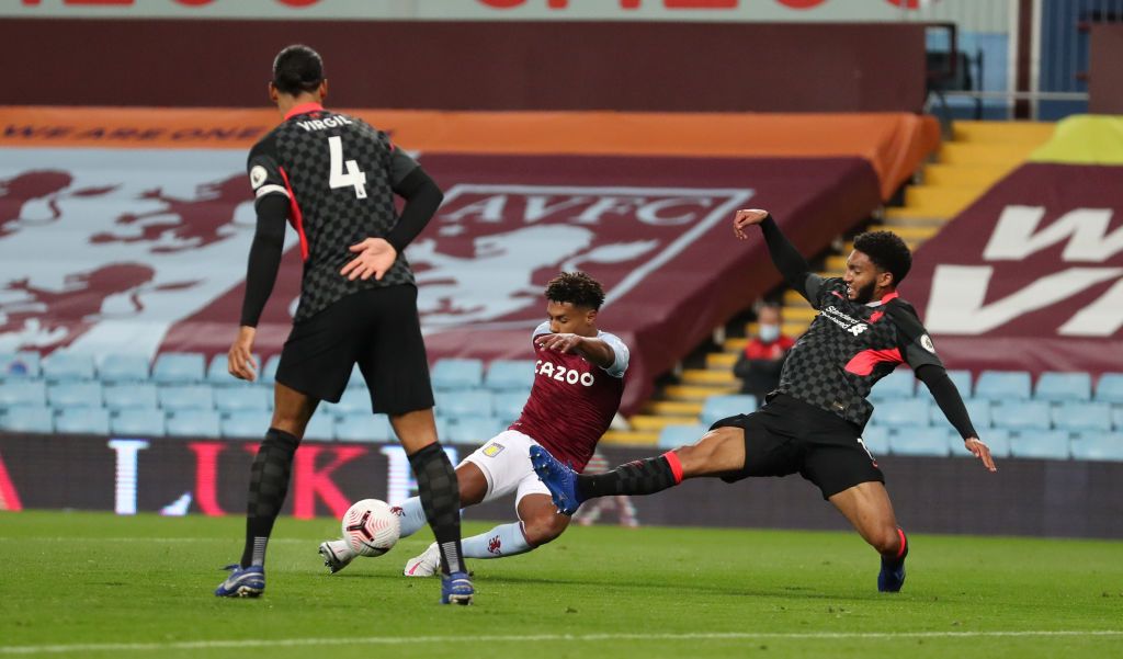 BIRMINGHAM, ENGLAND - OCTOBER 4: Aston Villa's Ollie Watkins celebrates after scoring his team's fourth goal and his hat-rick during the Premier League match between Aston Villa and Liverpool at Villa Park on October 4, 2020 in Birmingham, England.  Sports stadiums across the UK remain under strict restrictions due to the coronavirus pandemic, as the government's social distancing laws prohibit fans within venues, causing games to be played behind closed doors.  (Photo by Rui Vieira - Pool / Getty Images)