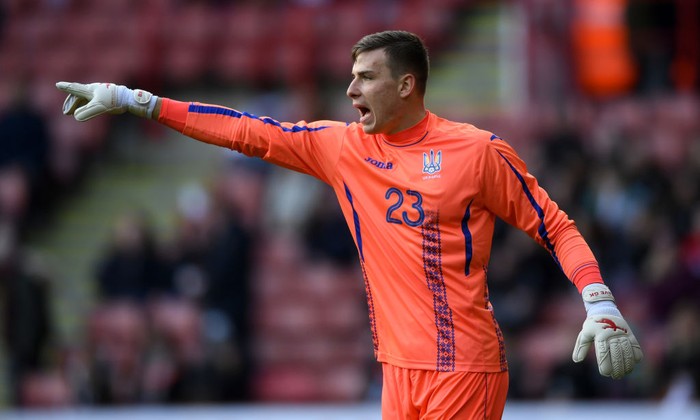 Andriy Lunin of Ukraine during the U21 European Championship Qualifier between England U21 and Ukraine U21 at Bramall Lane on March 27, 2018 in Sheffield, England.  (Photo by Gareth Copley/Getty Images)