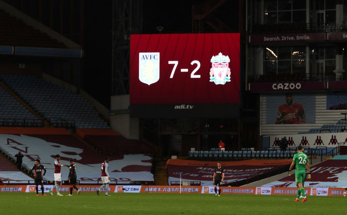BIRMINGHAM, ENGLAND - OCTOBER 04: On the big screen the final score of 7-2 is shown during the Premier League match between Aston Villa and Liverpool at Villa Park on October 04, 2020 in Birmingham, England. Sporting stadiums around the UK remain under strict restrictions due to the Coronavirus Pandemic as Government social distancing laws prohibit fans inside venues resulting in games being played behind closed doors. (Photo by Catherine Ivill/Getty Images)