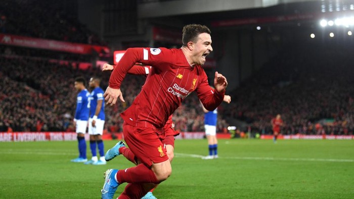 LIVERPOOL, ENGLAND - DECEMBER 04: Xherdan Shaqiri of Liverpool celebrates after scoring his teams second goal during the Premier League match between Liverpool FC and Everton FC at Anfield on December 04, 2019 in Liverpool, United Kingdom. (Photo by Laurence Griffiths/Getty Images)