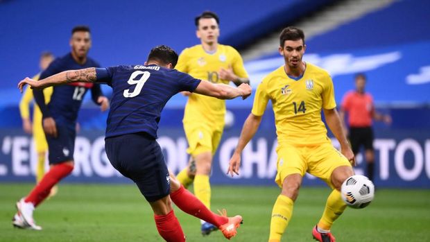 France's forward Olivier Giroud scores a goal during the International friendly football match between France and Ukraine, on October 7, 2020 in Saint-Denis, outside Paris. (Photo by FRANCK FIFE / AFP)