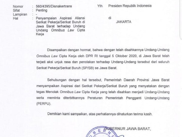 Surat Gubernur Jabar Ridwan Kamil untuk Presiden Joko Widodo. Surat Gubernur Jabar Ridwan Kamil untuk Presiden Joko Widodo.