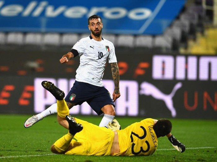 FLORENCE, ITALY - OCTOBER 07:  Francesco Caputo of Italy scores the second goal during the international friendly match between Italy and Moldova at Artemio Franchi on October 7, 2020 in Florence, Italy.  (Photo by Claudio Villa/Getty Images)