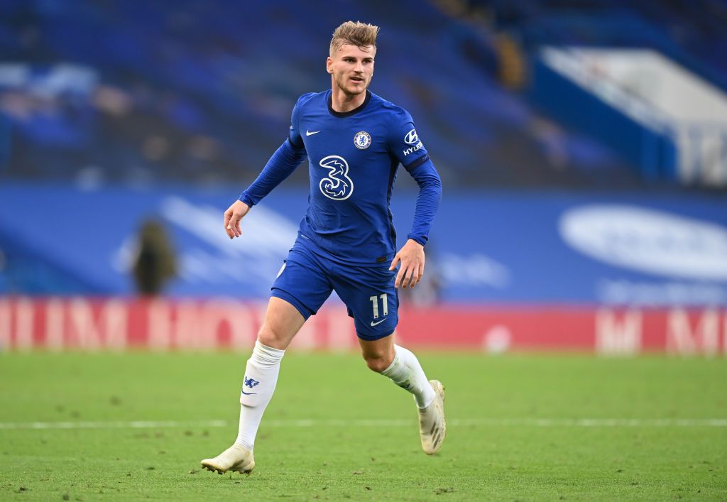 Timo Werner LONDON, ENGLAND - SEPTEMBER 20: Timo Werner of Chelsea in action during the Premier League match between Chelsea and Liverpool at Stamford Bridge on September 20, 2020 in London, England. (Photo by Michael Regan/Getty Images)