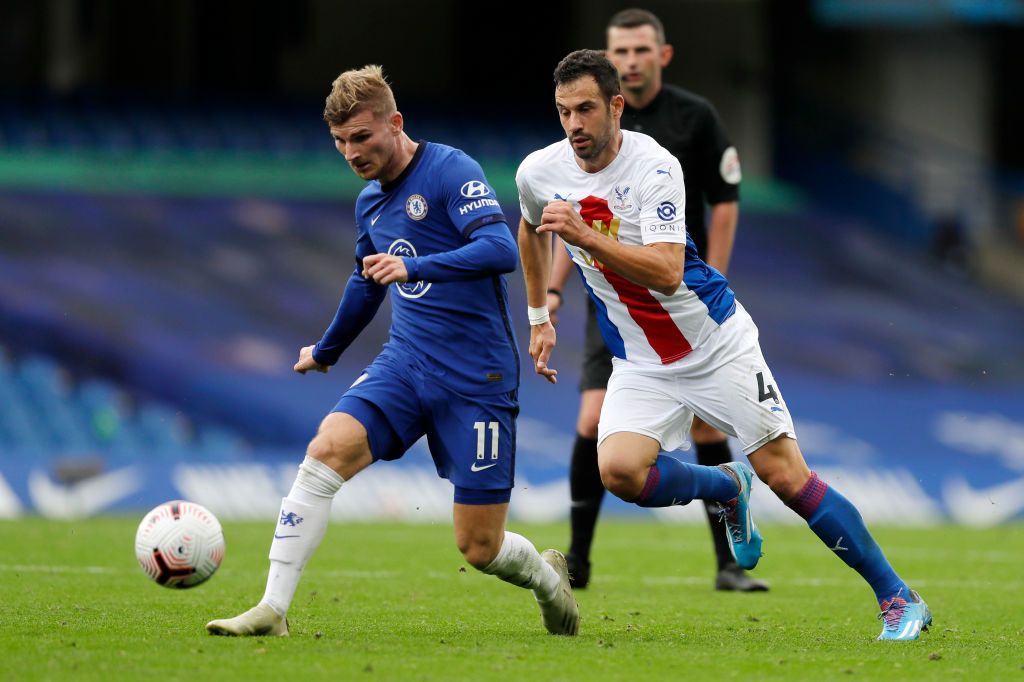 LONDON, ENGLAND - SEPTEMBER 20: Timo Werner of Chelsea in action during the Premier League match between Chelsea and Liverpool at Stamford Bridge on September 20, 2020 in London, England. (Photo by Michael Regan/Getty Images)