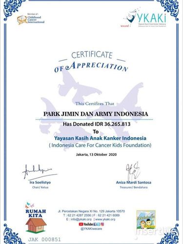 Sertifikan penghargaan Jimin BTS dan ARMY Indonesia dari YKAI