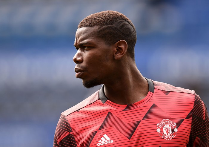 LEICESTER, ENGLAND - JULY 26: Paul Pogba of Manchester United warms up prior to the Premier League match between Leicester City and Manchester United at The King Power Stadium on July 26, 2020 in Leicester, England. Football Stadiums around Europe remain empty due to the Coronavirus Pandemic as Government social distancing laws prohibit fans inside venues resulting in all fixtures being played behind closed doors. (Photo by Oli Scarff/Pool via Getty Images)