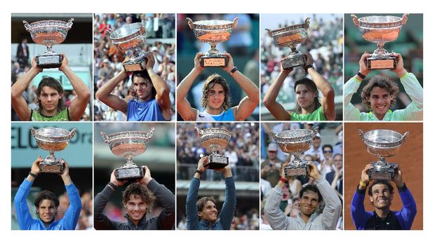 A combination of pictures shows Spain's Rafael Nadal posing with the Muskeeters trophy during his ten victories in the men's French Tennis Open at the Roland Garros stadium. (From top L to bottom R) Nadal poses with his trophy on June 5, 2005; on June 11, 2006; on June 10, 2007; on June 8, 2008; on June 6, 2010; on June 5, 2011; on June 11, 2012; on June 9, 2013; on June 8, 2014 and on June 11, 2017. - Rafael Nadal won a record 10th French Open title against Stan Wawrinka in their final on June 11 June, 2017. (Photo by - / AFP)