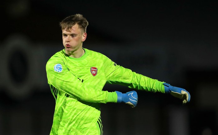 BOREHAMWOOD, ENGLAND - FEBRUARY 17: Karl Hein of Arsenal FC reacts to his sides scoring there first goal during the Premier League 2 match between Arsenal FC U23s and Chelsea FC U23s at Meadow Park on February 17, 2020 in Borehamwood, England. (Photo by James Chance/Getty Images)