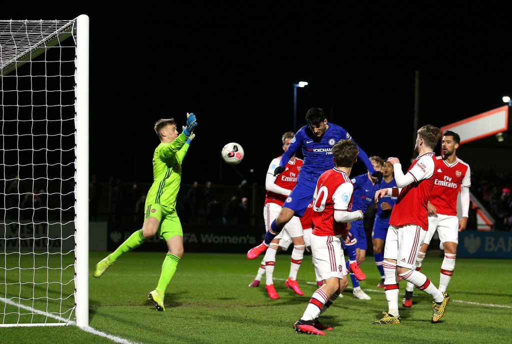 BOREHAMWOOD, ENGLAND - FEBRUARY 17: Karl Hein of Arsenal FC reacts to his sides scoring there first goal during the Premier League 2 match between Arsenal FC U23s and Chelsea FC U23s at Meadow Park on February 17, 2020 in Borehamwood, England. (Photo by James Chance/Getty Images)