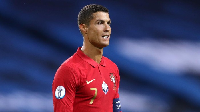 STOCKHOLM, SWEDEN - SEPTEMBER 08: Cristiano Ronaldo of Portugal looks on during the UEFA Nations League group stage match between Sweden and Portugal at Friends Arena on September 08, 2020 in Stockholm, Sweden. (Photo by Linnea Rheborg/Getty Images)