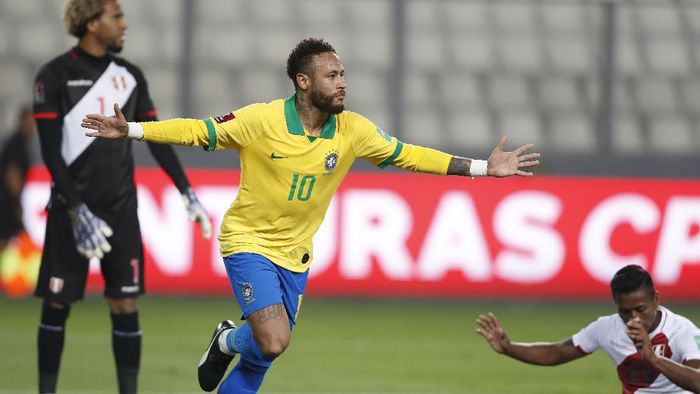 Neymar LIMA, PERU - OCTOBER 13: Neymar Jr. of Brazil celebrates after scoring the fourth goal of his team during a match between Peru and Brazil as part of South American Qualifiers for Qatar 2022 at Estadio Nacional de Lima on October 13, 2020 in Lima, Peru. (Photo by Paolo Aguilar-Pool/Getty Images)
