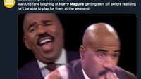 Fans MU diyakini ikut tertawa melihat kartu merah Maguire. Tapi berubah prihatin saat ingat akhir pekan ini Maguire akan main buat MU. (Foto: internet/Twitter)