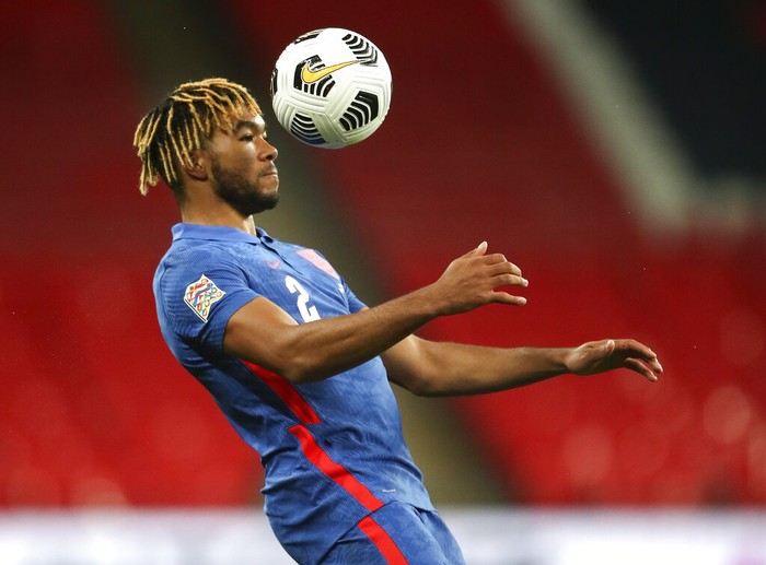 Englands Reece James attempts to control the ball during the UEFA Nations League soccer match between England and Denmark at Wembley Stadium in London, England, Wednesday, Oct. 14, 2020. (Nick Potts/Pool via AP)