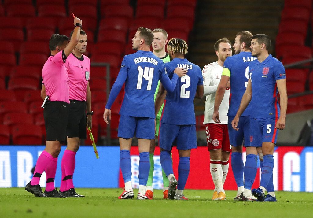 England's Reece James attempts to control the ball during the UEFA Nations League soccer match between England and Denmark at Wembley Stadium in London, England, Wednesday, Oct. 14, 2020. (Nick Potts/Pool via AP)